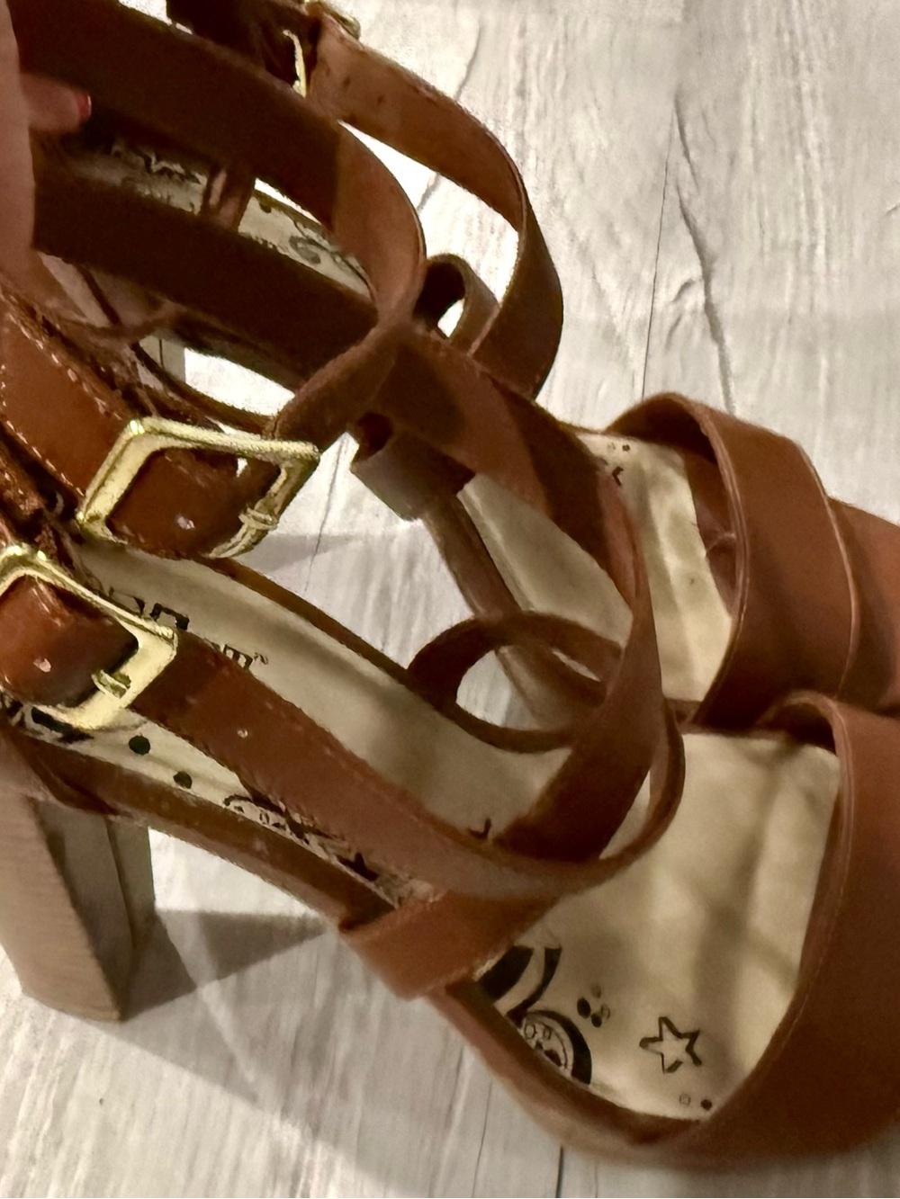 Brash Brown Double Strap Block Heels with Gold Buckles